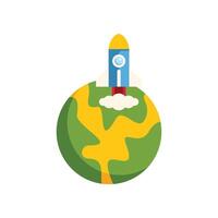 A rocket is flying over the earth in a flat design vector