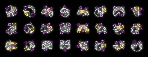 Fortune cookies with predictions, sparkling neon icons set on black background vector