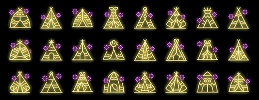Set of teepee tent icons in neon style glowing on black background vector