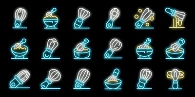 Neon whisk icons set, mixing utensil whisking dough in bowl, bakery tool collection vector