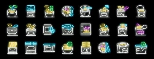 Neon icons of instant noodles, ramen and cup noodles depicting preparation and consumption vector