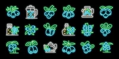 Neon icons representing different aspects of haskap berries, from growth on branches to uses in beverages and oils vector