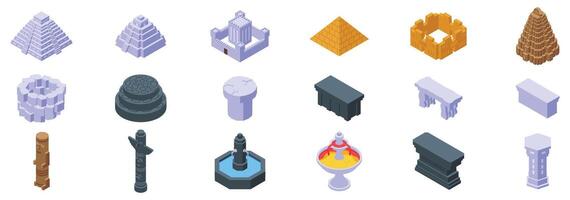Stone altar icons set. Mayan pyramids, castles, fountains and columns representing ancient civilizations vector