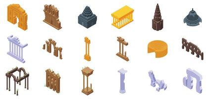 Ancient ruin icons set. Exploring ancient ruins, isometric icons of historic landmarks preserving history vector