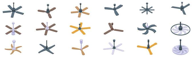Ceiling fan icons set. Ceiling fans cooling and circulating air in various designs vector