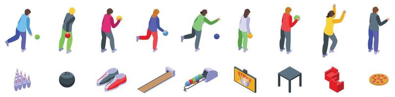 People playing bowling icons set. People playing bowling and bowling icons in isometric view vector