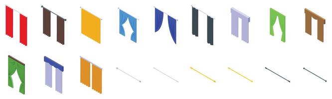 Cornice curtains icons set. Colorful curtains and rods in isometric view showing variety of styles and colors vector