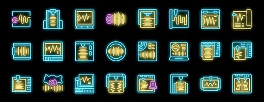 Neon polygraph icons showing lie detector test or voice recording vector