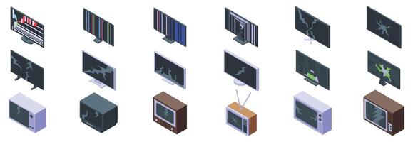 Broken tv icons set. Broken tv and monitor showing different problems and damages isometric icons set vector