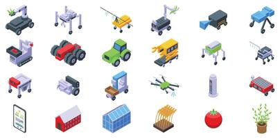 Robot harvests icons set. Smart farming technologies, robots and automation revolutionizing agriculture vector