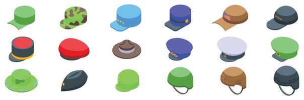 Military caps icons set. Military and police uniform hats representing different ranks and specializations vector