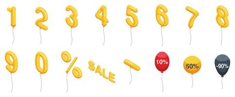Air balloon discount icons set. Numbers and discounts balloons for sales and promotions floating with string vector