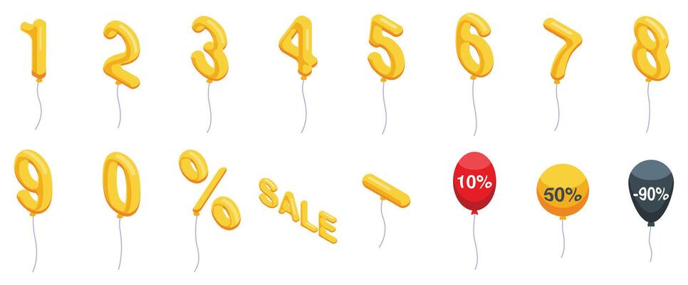 Air balloon discount icons set. Numbers and discounts balloons for sales and promotions floating with string