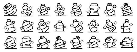 Crumpled bottle icons set. Set of crushed plastic bottles icons showing recycling and waste management vector