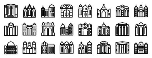Colonial style building icons set. Government buildings and churches representing power and spirituality with ornate architecture vector