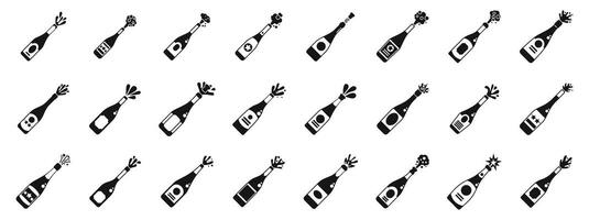 Champagne explosion icons set. Different champagne bottle explosion with cork popping out, creating a festive atmosphere vector