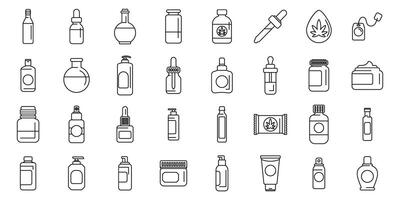Hemp cannabinoid extract icons set. Cbd oil product bottles and packages showing different dispensing methods vector