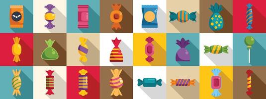 Candy wrappers icons set. Colorful wrapped candies and sweets icons set featuring various shapes and flavors vector