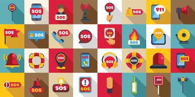 Sos sign icons set. Emergency sos icons showing help requesting and alerting vector