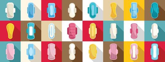 Sanitary napkins icons set. Sanitary pads showing different colors, shapes, and textures, promoting feminine hygiene vector