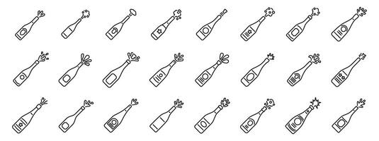 Champagne explosion icons set. Sparkling wine bottles popping cork icons set, celebrating with festive bubbly vector