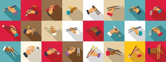 Hands holding chopsticks icons set. Hands holding chopsticks and eating sushi and noodles icon set vector