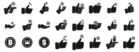 Hand flips coin icons set. Hand gestures holding, pointing, and giving money and cryptocurrency coins vector