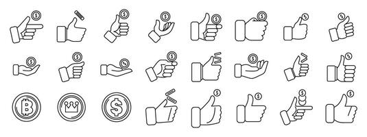 Hand flips coin icons set. Hands holding, showing, pointing, and flicking coins and currency icons, finance, investment, and payment concepts vector