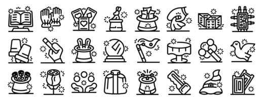 Illusionist equipment icons set. Magic show icons representing tricks, illusions and performances vector