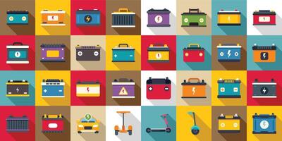 Electricity car accumulator icons set. Accumulator battery icons showing different types of rechargeable batteries for vehicles and devices vector