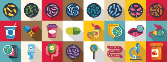 Lactobacilli icons set. Probiotics supporting gut health and immunity boosting microbiome vector