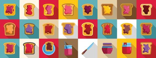 Jam toast icons set. Toast with jam and honey big set with jars, knife, plate and glass of juice vector