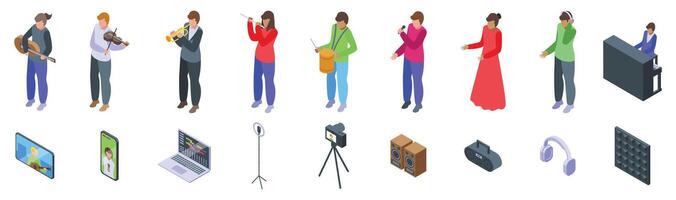Blogger musician icons set. Musicians playing instruments, recording music, and performing live vector