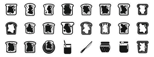 Jam toast icons set. Toast with jam or marmalade and jar with knife icons set vector
