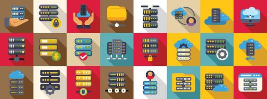 Dedicated server icons set. Server rack icons showing data storage, cloud computing, and network connectivity vector