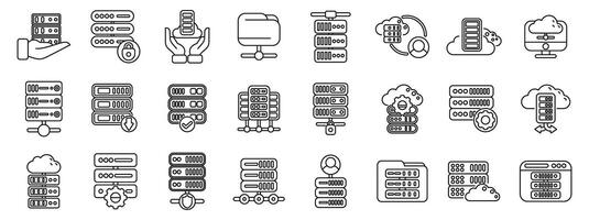 Dedicated server icons set. Data center icons representing server maintenance, cloud computing, and data storage vector