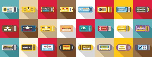 Ticket baseball icons set. Collection of various colorful baseball tickets with long shadow vector