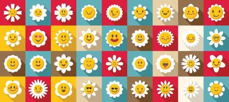 Chamomile smile icons set. Cute daisy flower character showing various emotions icons set vector