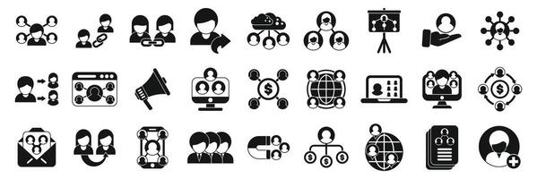 Referral network icons set. Referral program and business network icons showing marketing strategy and teamwork vector
