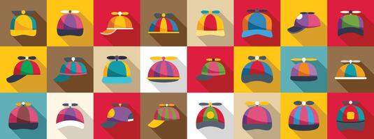 Cap propeller icons set. Colorful propeller hats collection with long shadow on various backgrounds vector