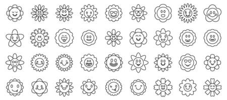 Chamomile smile icons set. Set of smiling flowers with funny faces showing different emotions vector