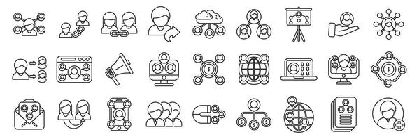 Referral network icons set. Referral program and business networking icons showing refer a friend, affiliate marketing, and global partnership vector