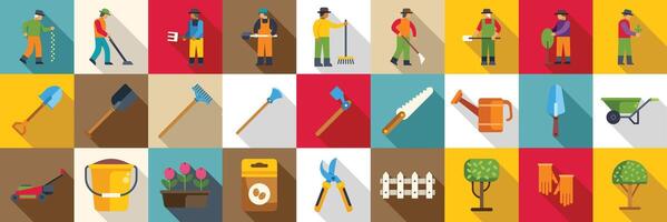 Lawn worker icons set. Gardeners taking care of plants and trees using different tools, flat design icon set with long shadow vector