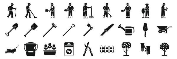 Lawn worker icons set. Set of gardening icons showing farmers working with tools vector