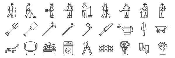Lawn worker icons set. Gardeners planting and caring for trees and flowers with tools and equipment vector