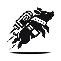 A black and white logo of a pig flying with a rocket vector