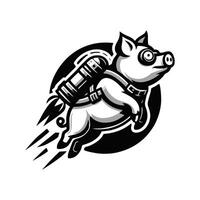 A black and white pig flying with a rocket vector