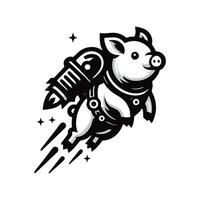 A black and white pig flying with a rocket vector