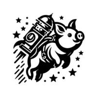 A black and white drawing of a pig flying with a rocket vector