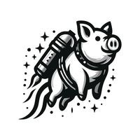 A black and white pig flying with a rocket vector